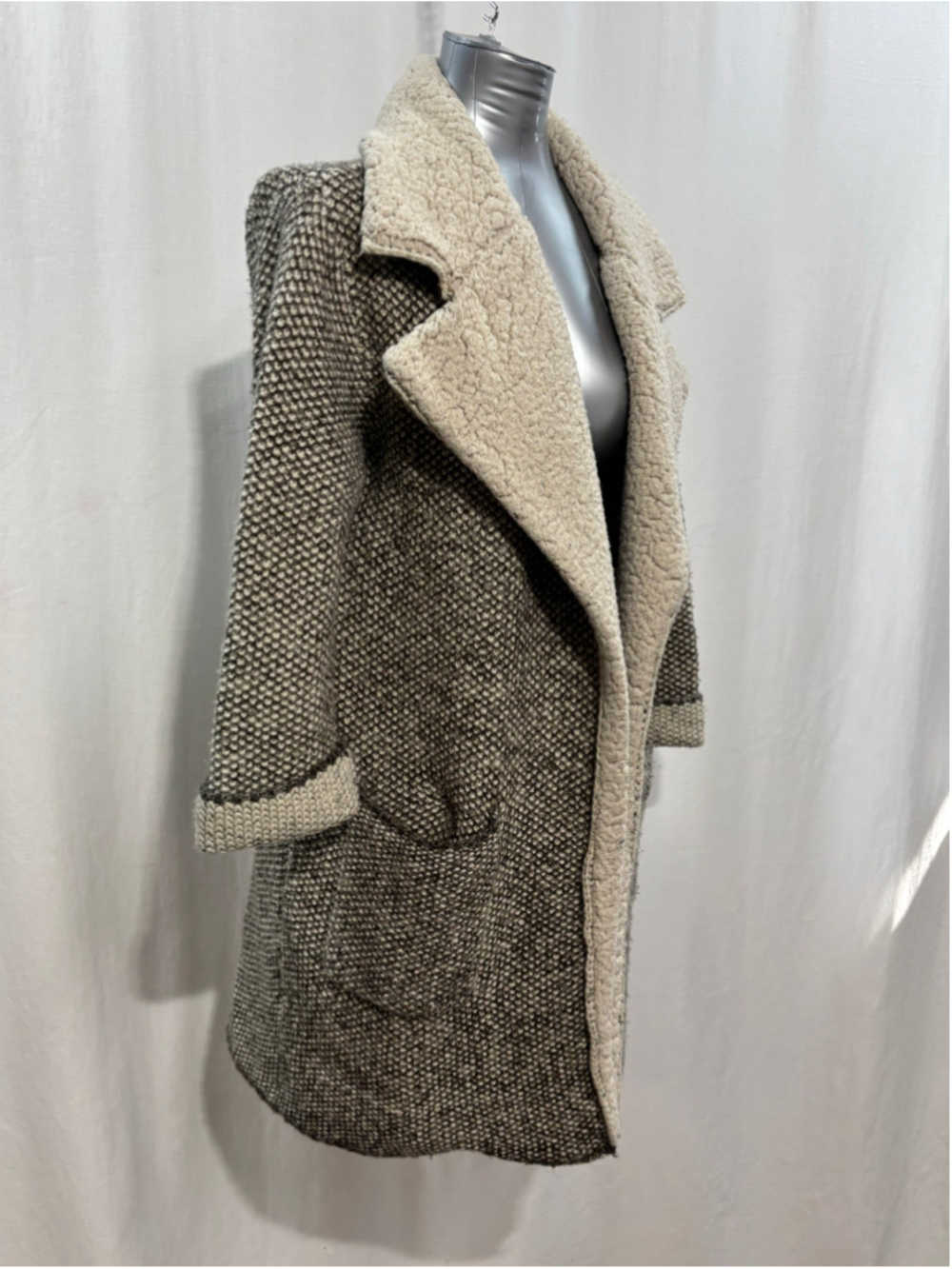 Zara Knit Faux Sherpa Collar Longline Cardigan Duster Coat Gray Beige Small 808 - Picture 3 of 6